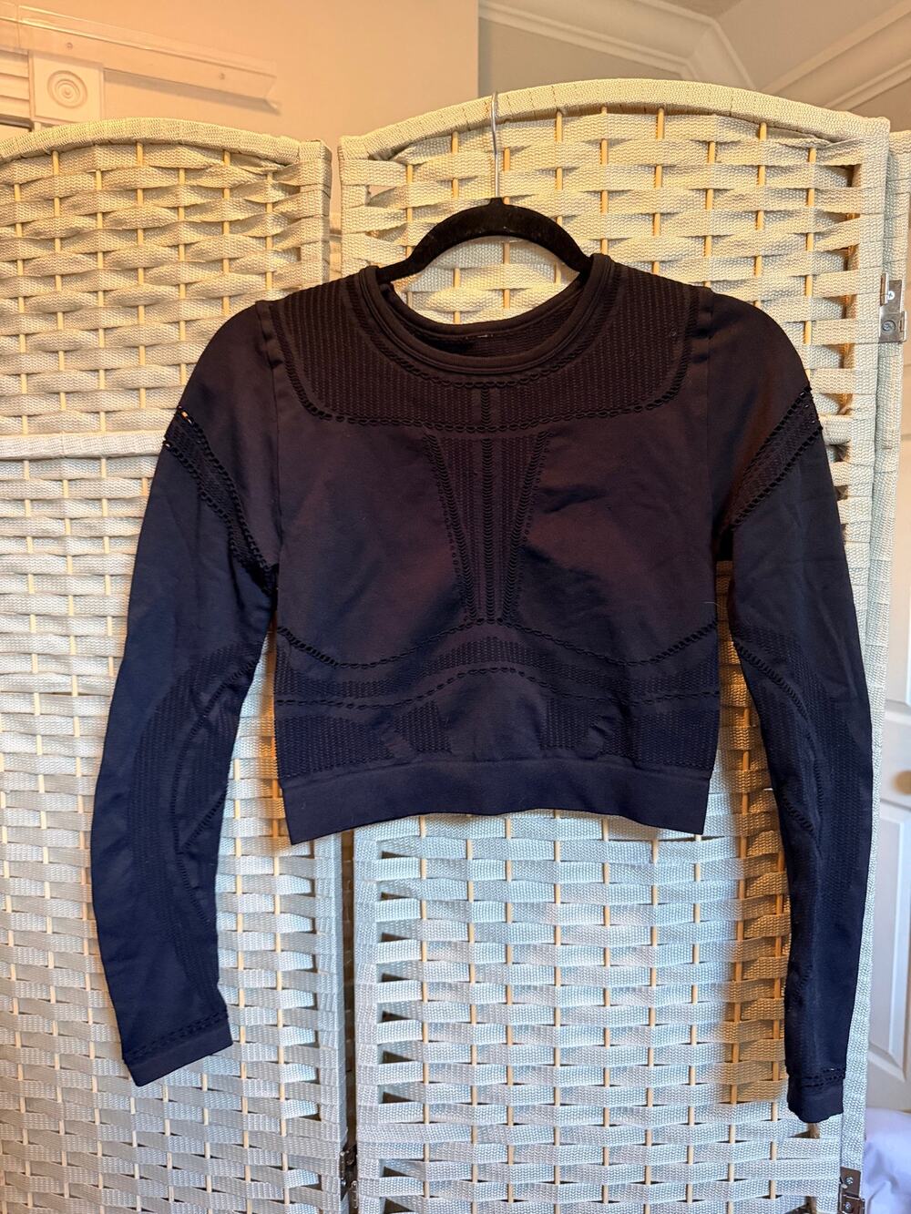 Women's Black Seamless Long Sleeve Crop Top Mesh Cutout Athletic Shirt
